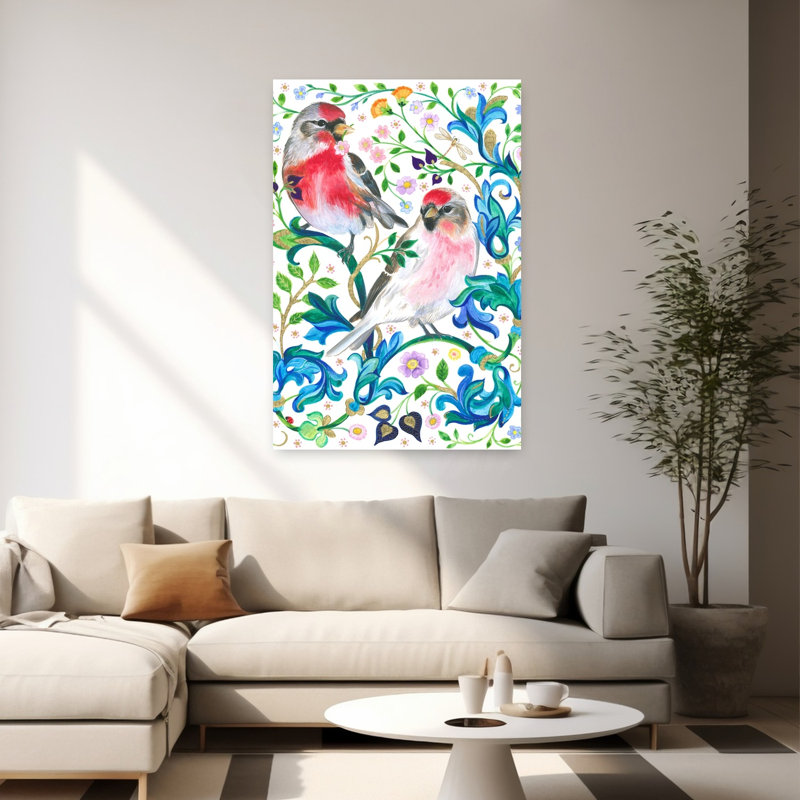 Redpoll Birds Colorful Vibrant Whimsical Dragonfly Ladybug Bird Nature Spring Wall Art Print by Isabelle Brent - Wrapped Canvas Print