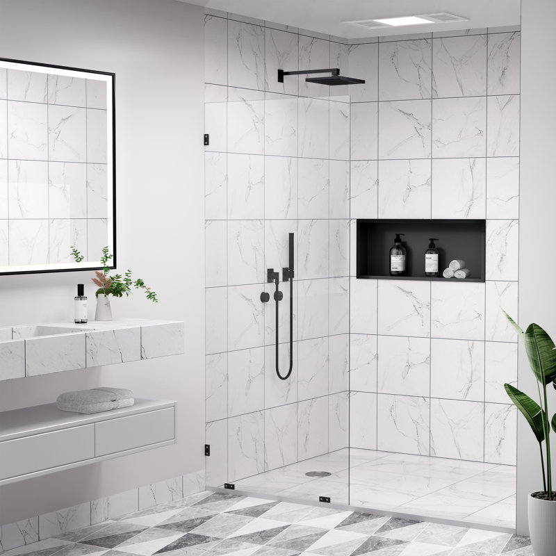 Panneau de douche fixe sans cadre de 81 cm (L) x 198 cm (H), en verre trempé noir mat avec revêtement nano, pour douche à l'italienne