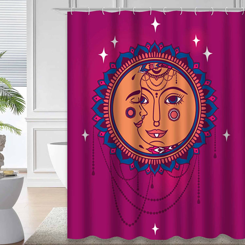 Rideau de douche bohème asiatique Sun Moon Boho avec 12 crochets, L 72 po x l 78 po