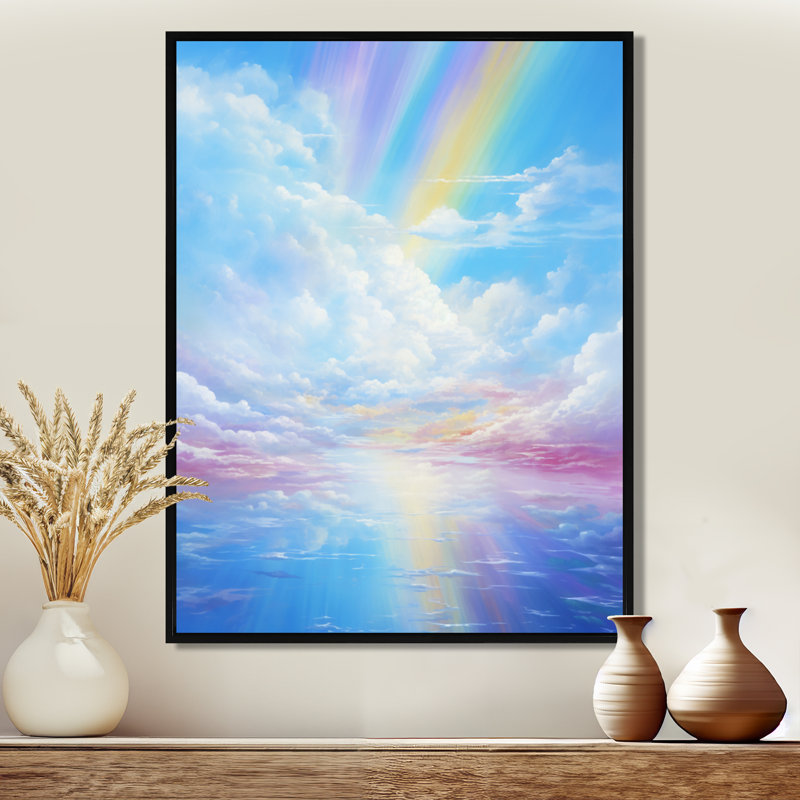Rainbow In Pink Clouds Blue Sky - nuages, art mural, Toile avec cadre flottant noir, H 32 po x l 16 po x P 1 po