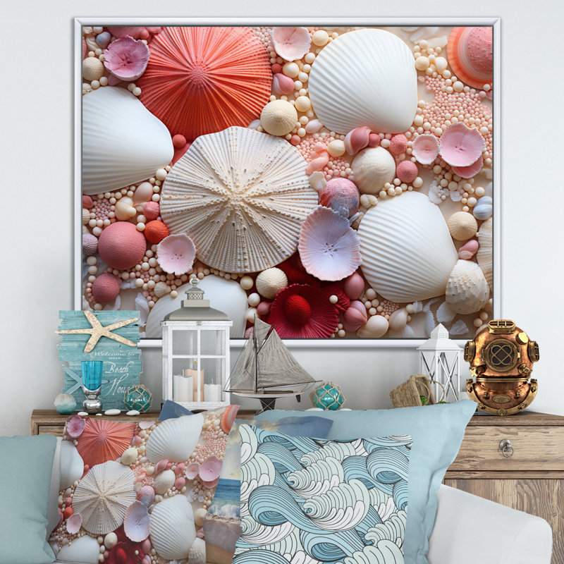 Beach Photo Seashell Collage VIII - Nautical & Beach Canvas Art Print, H 34 po x l 44 po x P 1,5 po, Blanc
