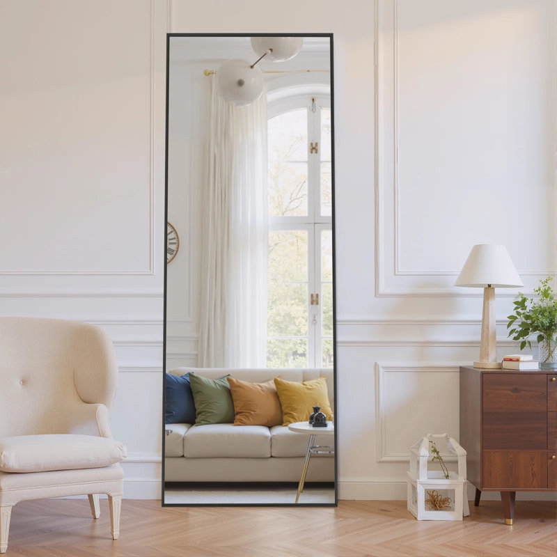 Miroir pleine grandeur avec support, miroir de plancher avec alliage d'aluminium, miroir complet en verre trempé, miroir autoportant ou mural ou de porte pour le salon