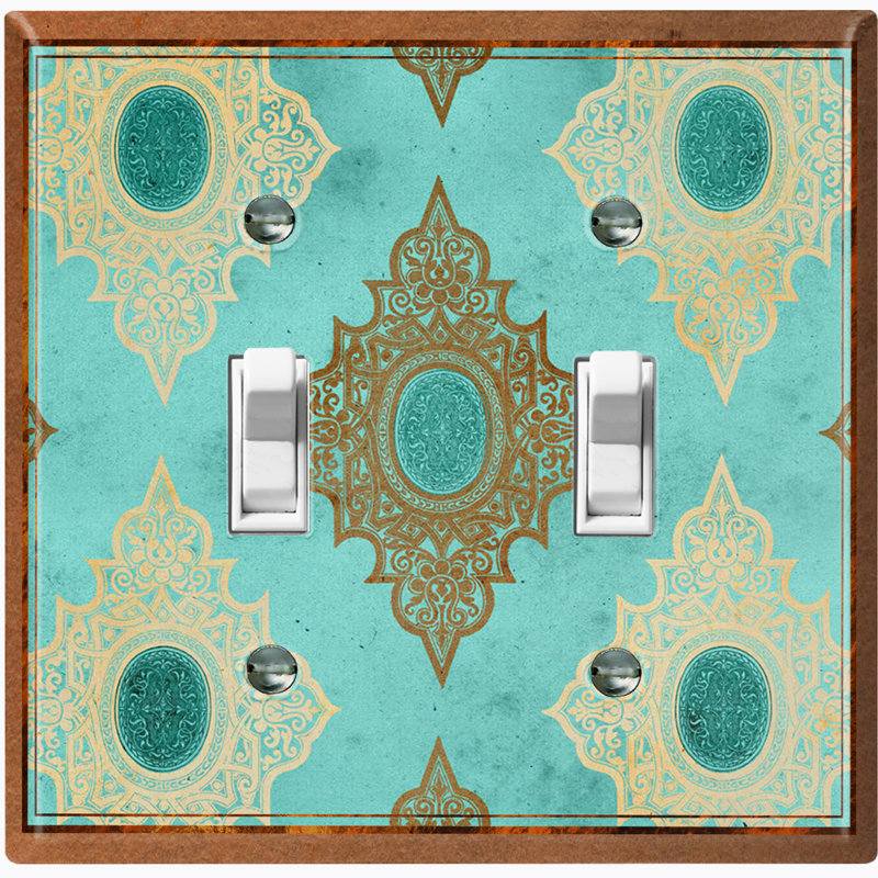 Elegant Damask Teal Crest 2 - Gang Toggle Light Switch Standard Wall Plate