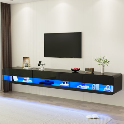 Meuble télé 94,5 po mural flottant avec éclairage à DEL et centre de divertissement ultrabrillant avec prise de courant