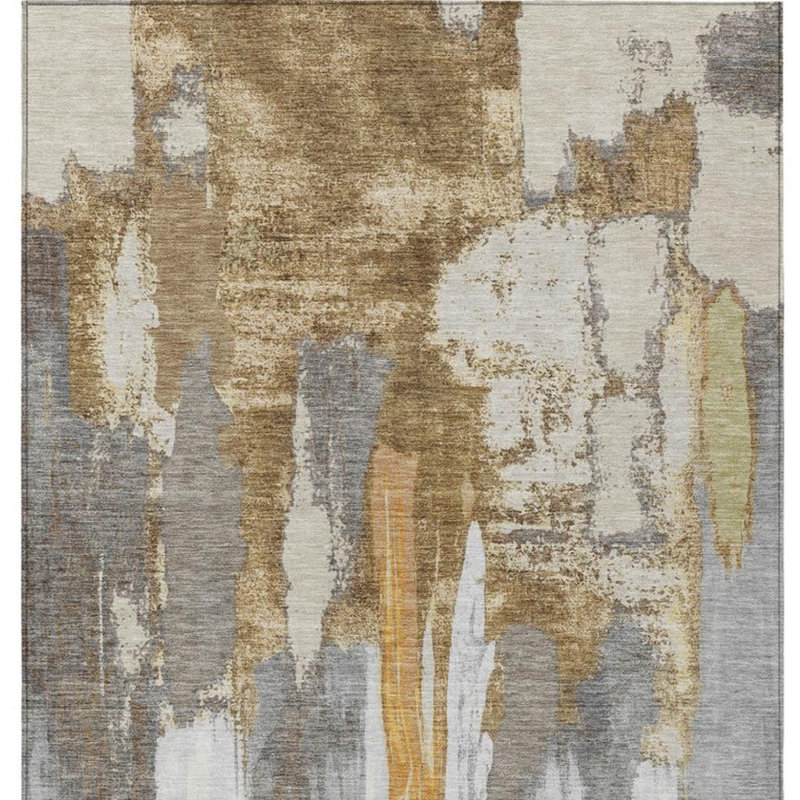 Tapis intérieur lavable abstrait ivoire et doré 9 pi x 12 pi