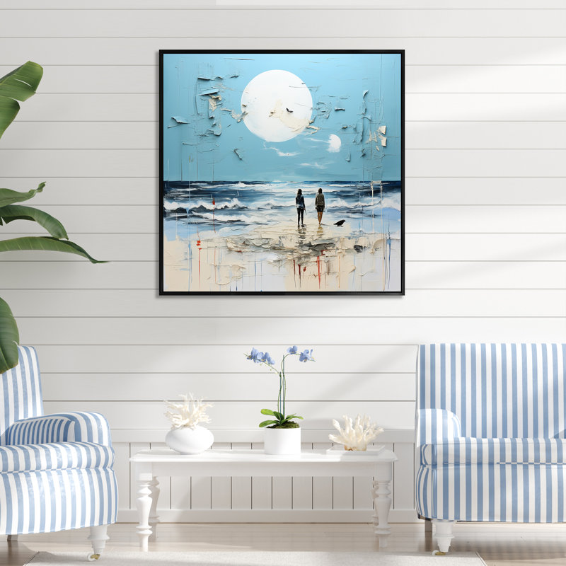 «Blue and Beige Tranquility Beach I - Coastal Minimalisme», art mural, Cadre flottant noir, 16" H x 16" W