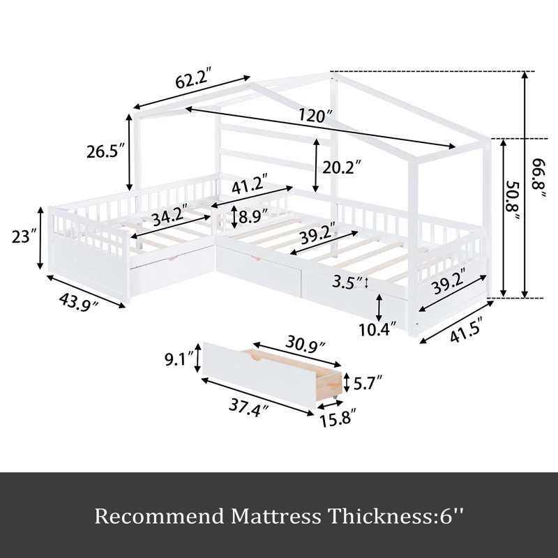 Twin Size House Platform Bed With Three Storage Drawers, White
