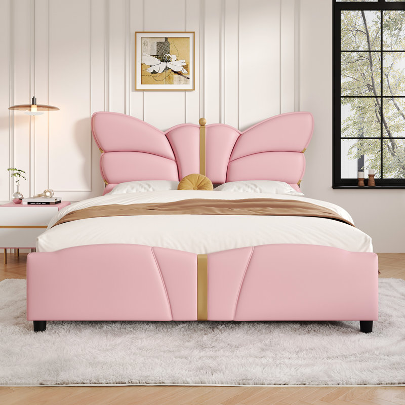 Full Size Upholstered PU Leather Bed Frame, No Box Spring Needed, Pink