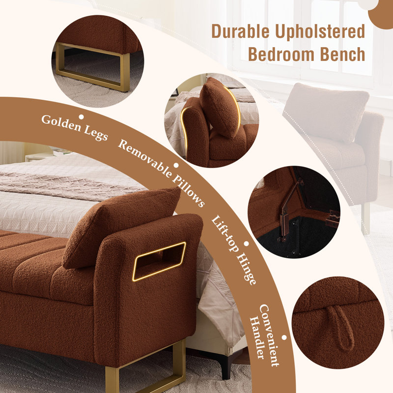 Lunara 66"W Upholstered Flip Top Teddy Storage Bench King Size with Gold Legs,Curverd Armrest and 2 Pillows , Brown, 67"W