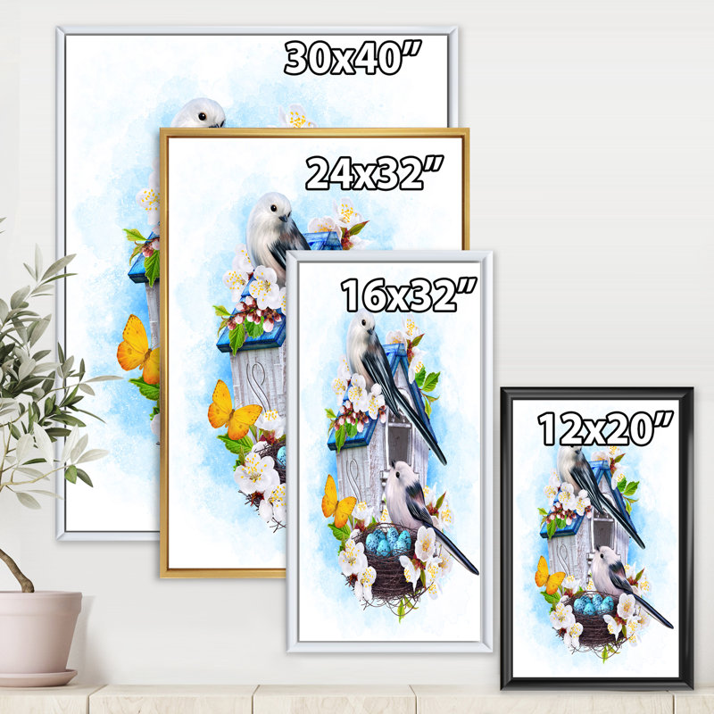 Deux oiseaux à mésange assis près du nid avec œufs II - impression sur toile, H 32 po x l 16 po x P 1 po