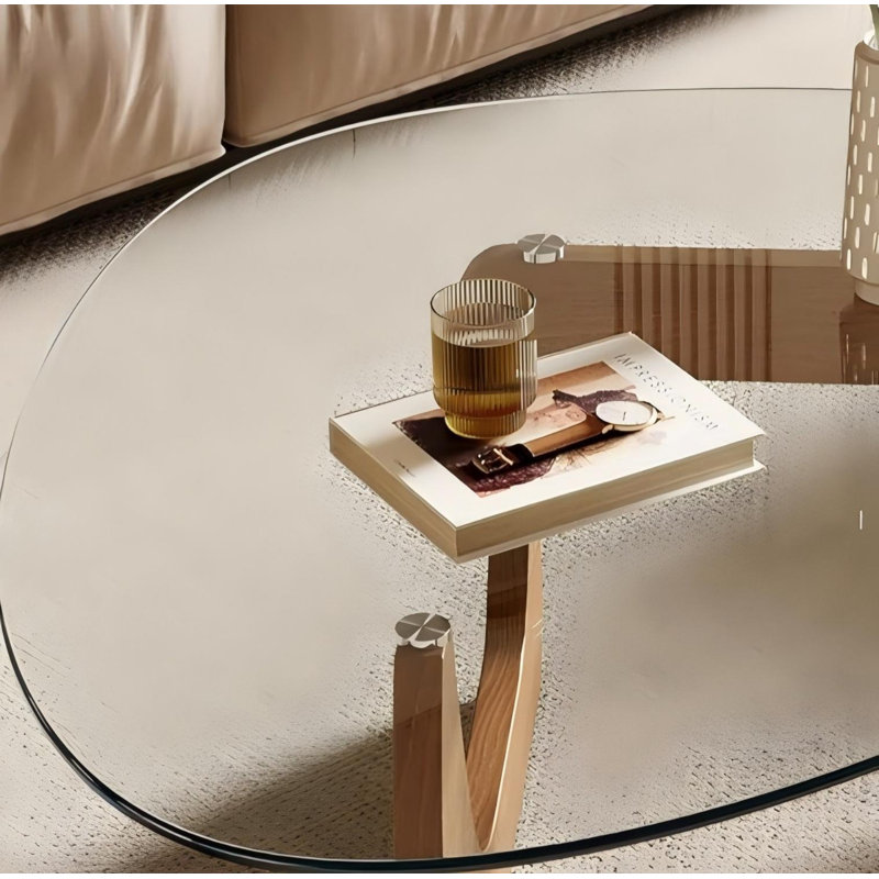 Table basse moderne, 42,5 x 28,5 x 16,1 pouces, plateau de table triangulaire en verre trempé pour le salon, ton bois naturel