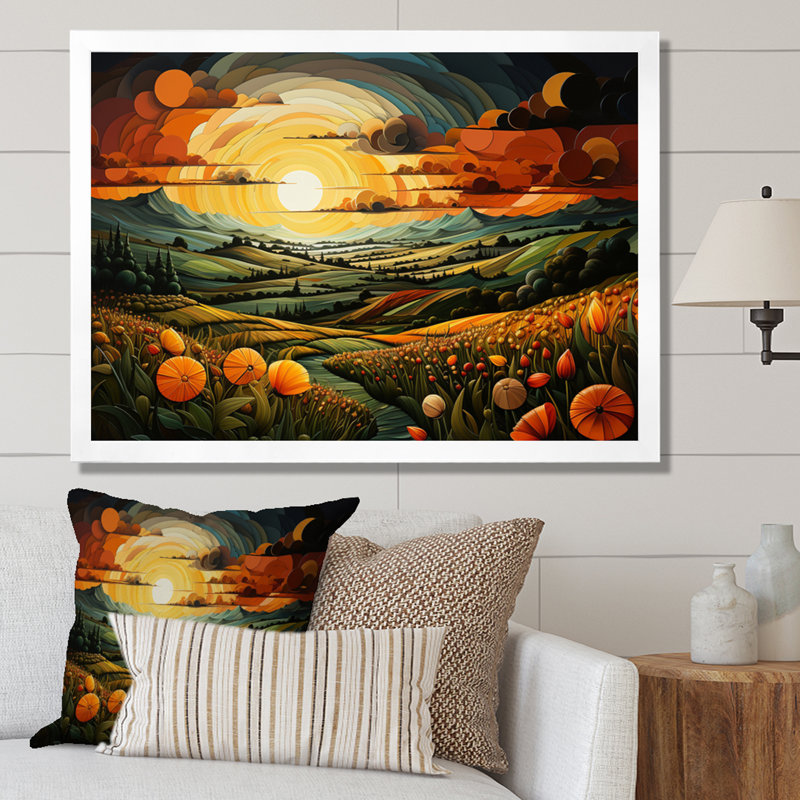 " Countryside Geometric Plains I " Mixed Media Print, 34" H x 44" W x 1.5" D, White Picture Framed