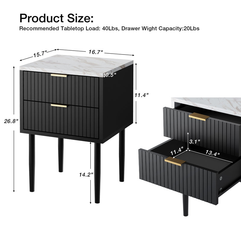 Azeez 2 Drawer Bedside Table, Black Marble
