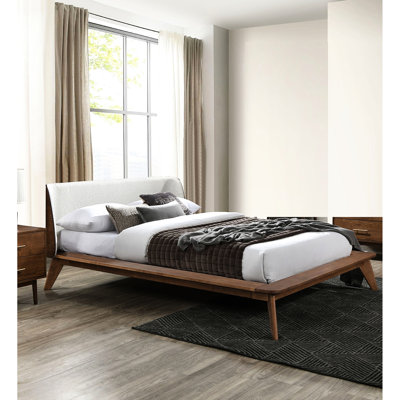 Queen Size Bed In Walnut Color, Solid Wood Platform With Panel And Fabric Winged Edge Headboard, Mid - Century Modern Style, Tapered Angled Leg, Mattress Ready Bed,