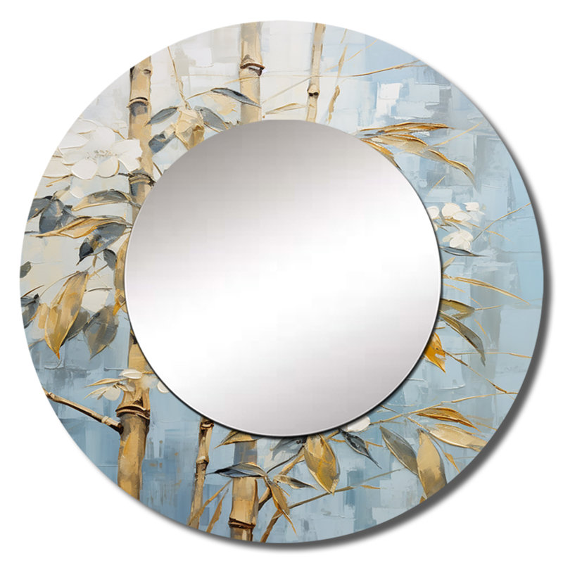 Or et bleu bambou II - miroir en bambou, miroir mural décoratif rond traditionnel, impression d'art en métal, 29 po x 29 po