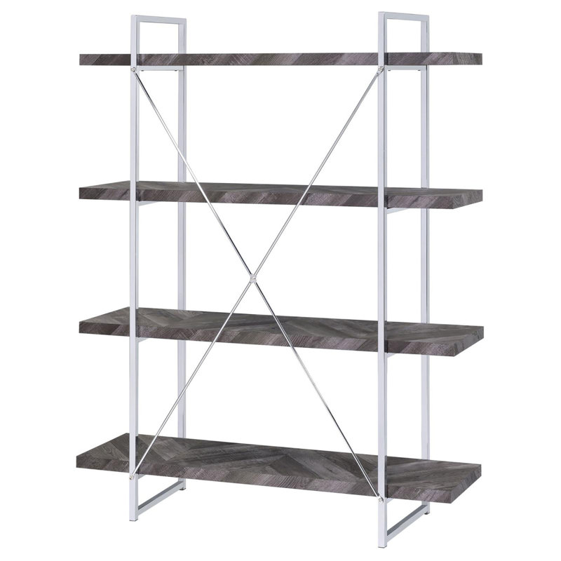 Bibliothèque élégante et fonctionnelle à chevrons avec de nombreuses tablettes pour la présentation et le rangement