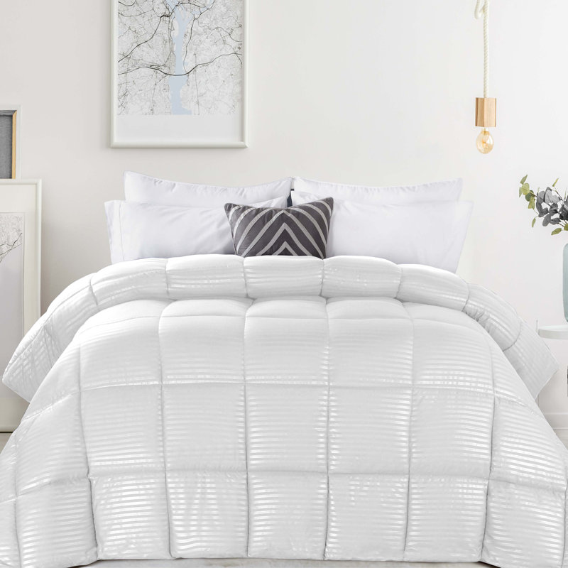 Reversible Striped 100% Brushed Microfiber Down Alternative Comforter, Full/Queen Comforter, White