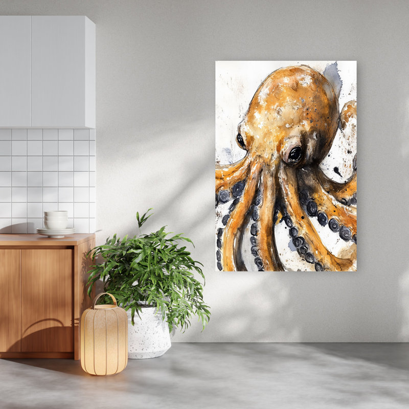 Art mural abstrait avec pieuvre orange expressif, H 60 po x l 40 po