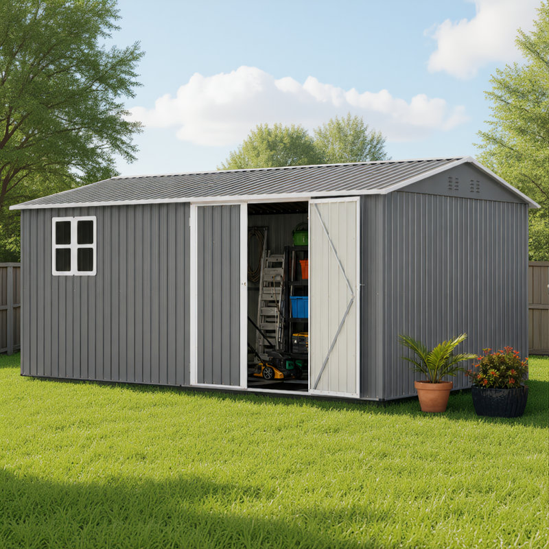 Abri de jardin en métal avec fenêtre, disponible en 4 tailles : 10×14 / 10×12 / 10×8 / 8×6, 10 pi. L 14 pi. D