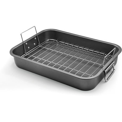 16.5" Nonstick Roasting Pan with Foldable Handles & Flat Rack, Large Turkey Roaster for Oven Cooking