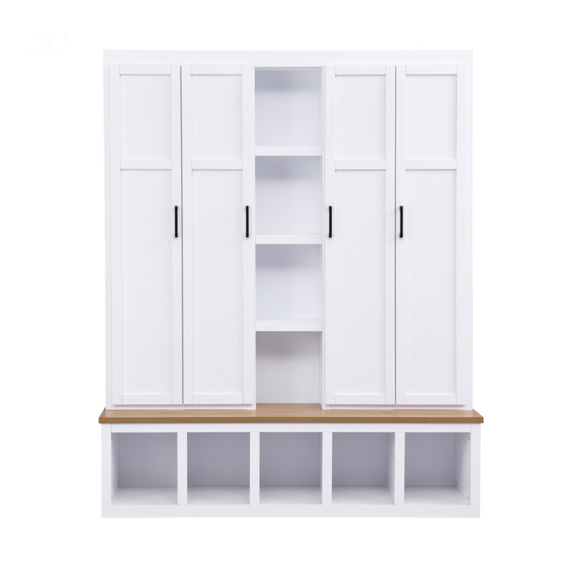 62.9"W Farmhouse 4-In-1 Hall Tree With 6 Hanging Hooks, Mudroom Wood Grain Bench With Open Compartments, White