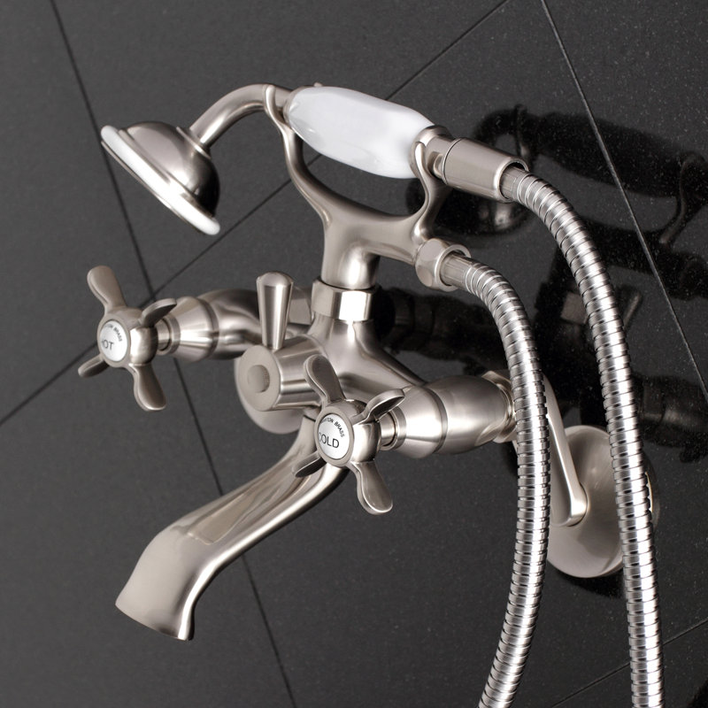 Kingston Brass Essex Three-Handle 2-Hole Wall Mount Clawfoot Tub Faucet with Hand Shower, Brushed Nickel