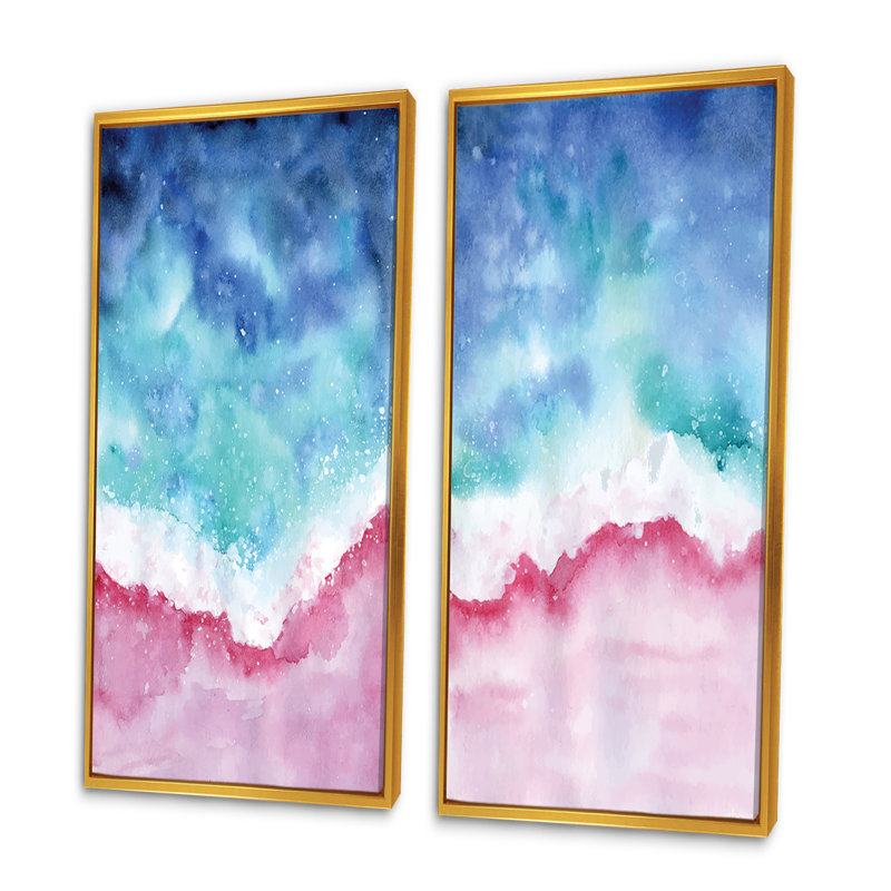 «Abstract Ocean Pink and Blue Waves», ensemble de 2 peintures sur toiles, H 32 po x l 32 po x P 1 po, Cadre flottant doré