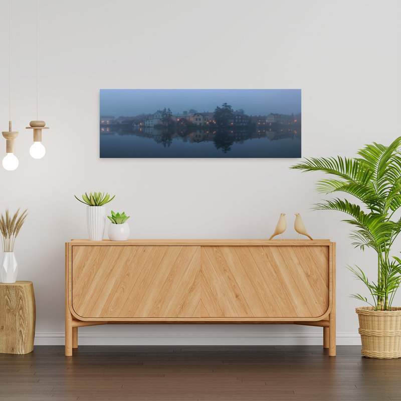 «Misty Blue Hour Town Dreamy Peaceful Serene City Landscape», art mural, H 12 po x l 36 po
