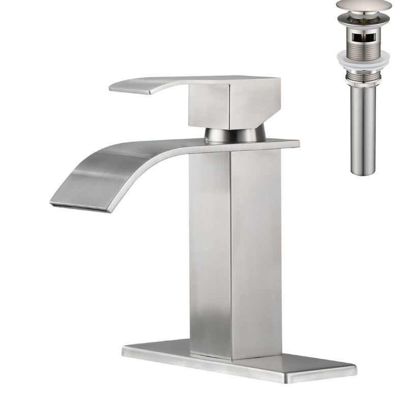 Waterfall Spout Single Handle Faucet For Bathroom Sink With Pop - Up Drain, Brushed Nickel, Rust, Stable Flow Style Stainless Steel, Flow, Easy To Press