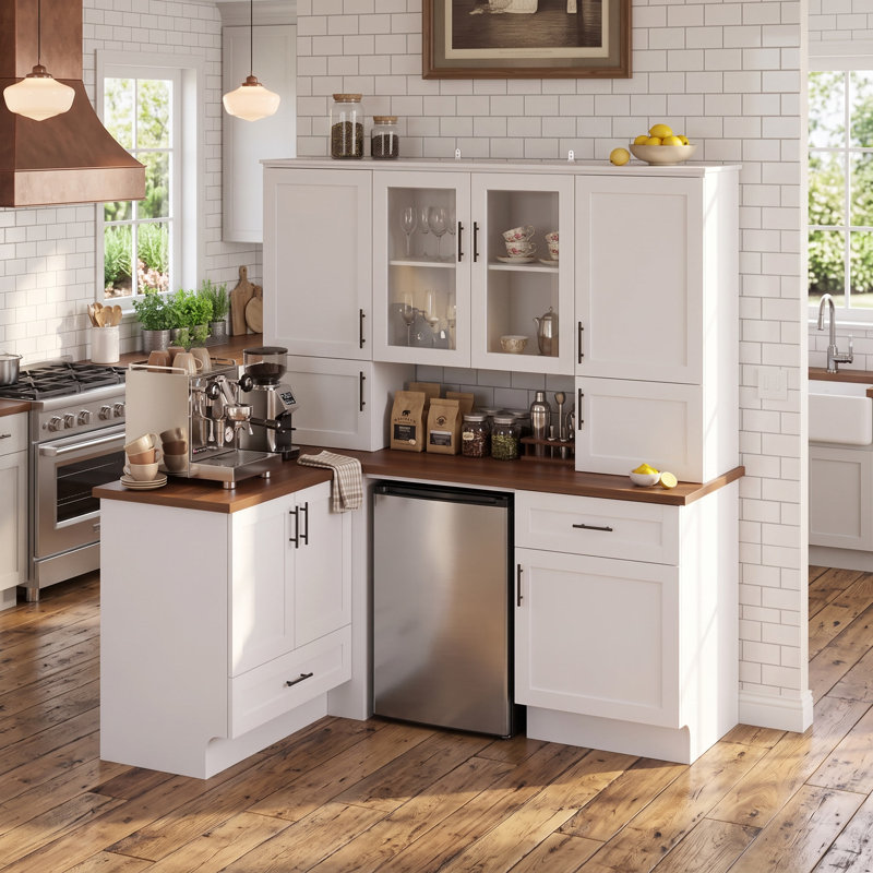 Buffet d'angle en L de 182 cm (71,7 po) de largeur, avec portes vitrées, 2 tiroirs et emplacement pour mini-réfrigérateur, blanc