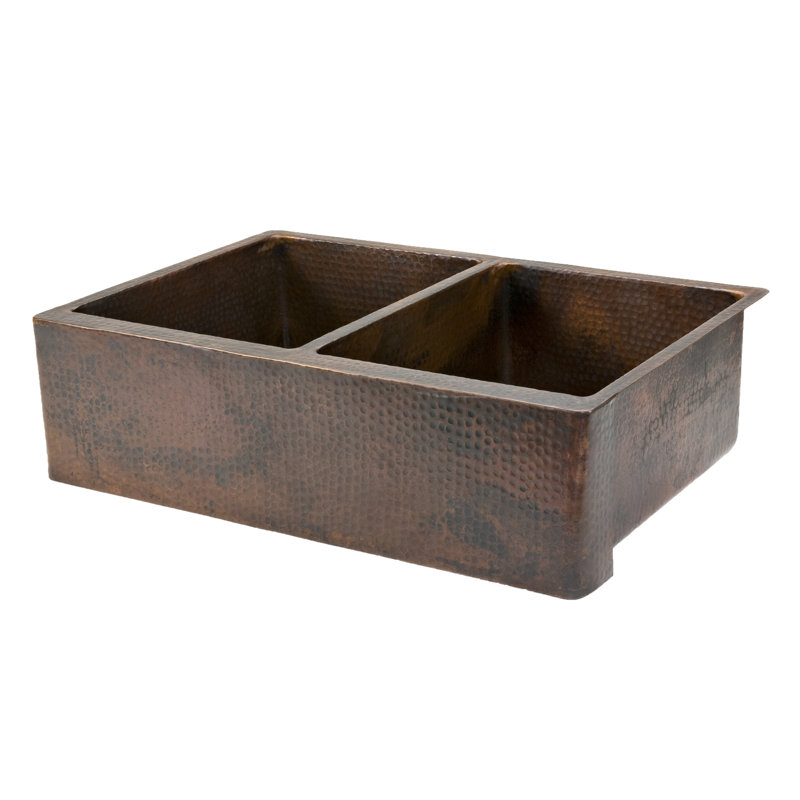 33" Hammered Copper Kitchen Apron 50/50 Double Basin Sink with Matching Drains, and Accessories