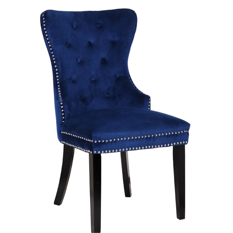 Chaise de salle à manger en velours bleu avec structure en bois massif et siège bleu marine - Confortable et élégant