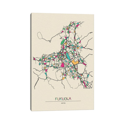 Fukuoka, Japan Map by Ayse Deniz Akerman - Wrapped Canvas Gallery-Wrapped Canvas Giclée