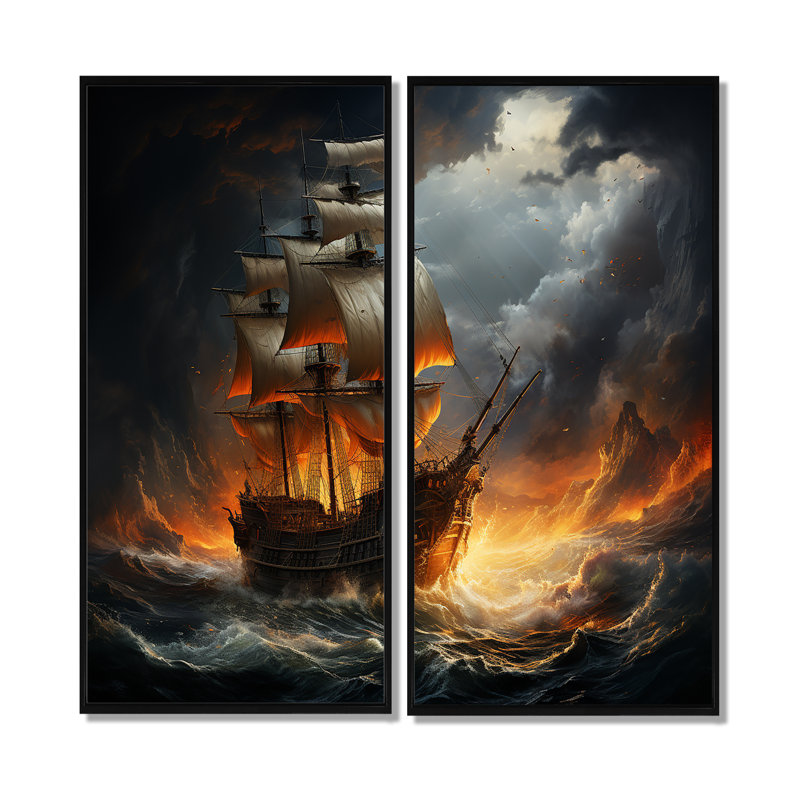 Bateau pirate Stormy Seas - décoration murale orange, H 40 po x l 40 po, Impression encadrée flottante sans passe-partout