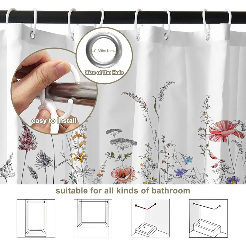 Pack of 1 Minimalist Plants Floral Bath Curtain with Hooks, 182.88cm H x 182.88cm W