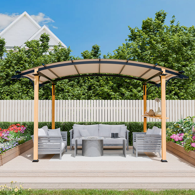 Premium 8.5' X 13' Outdoor Metal Pergola Gazebo With Arched Canopy, Shelves & Bar Top - Natural Wood-look Frame For Patio, Garden, Backyard & Barbecue