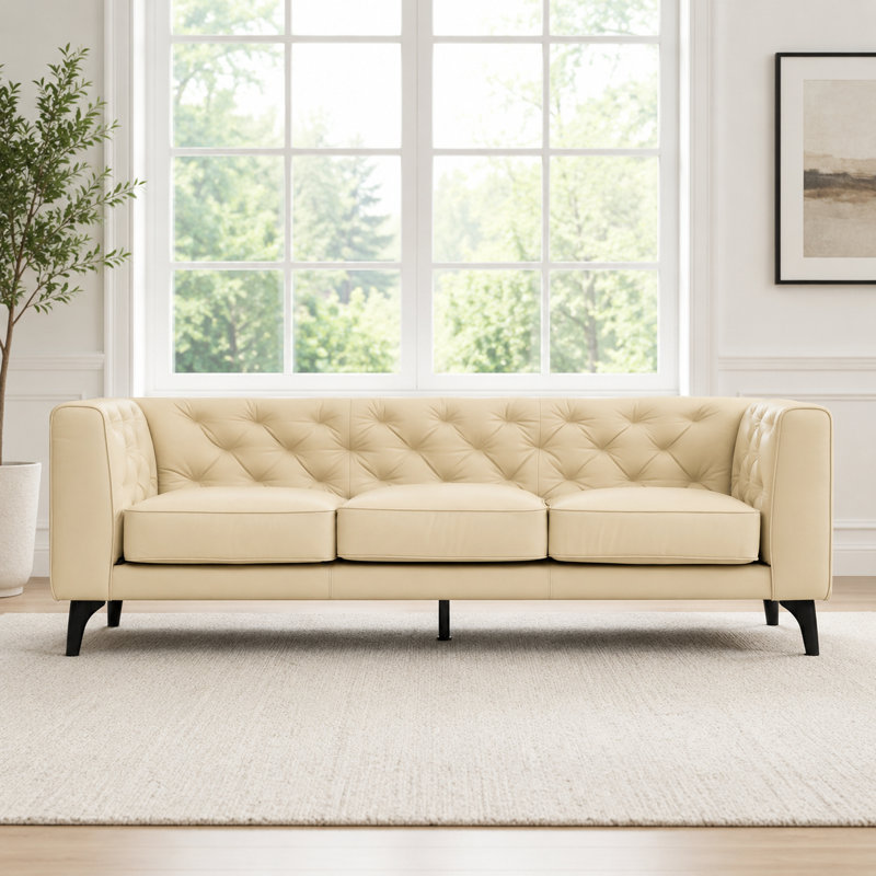 Avila 89" Genuine Leather Tufted Sofa with Tuxedo Arms, Beige