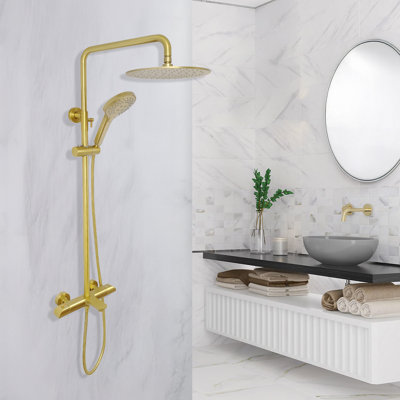 Zen Three Function Thermostatic Exposed Shower Pipe System With Round 10inc Rain Shower Head And 3 Functions Hand Shower And Tub Spout.