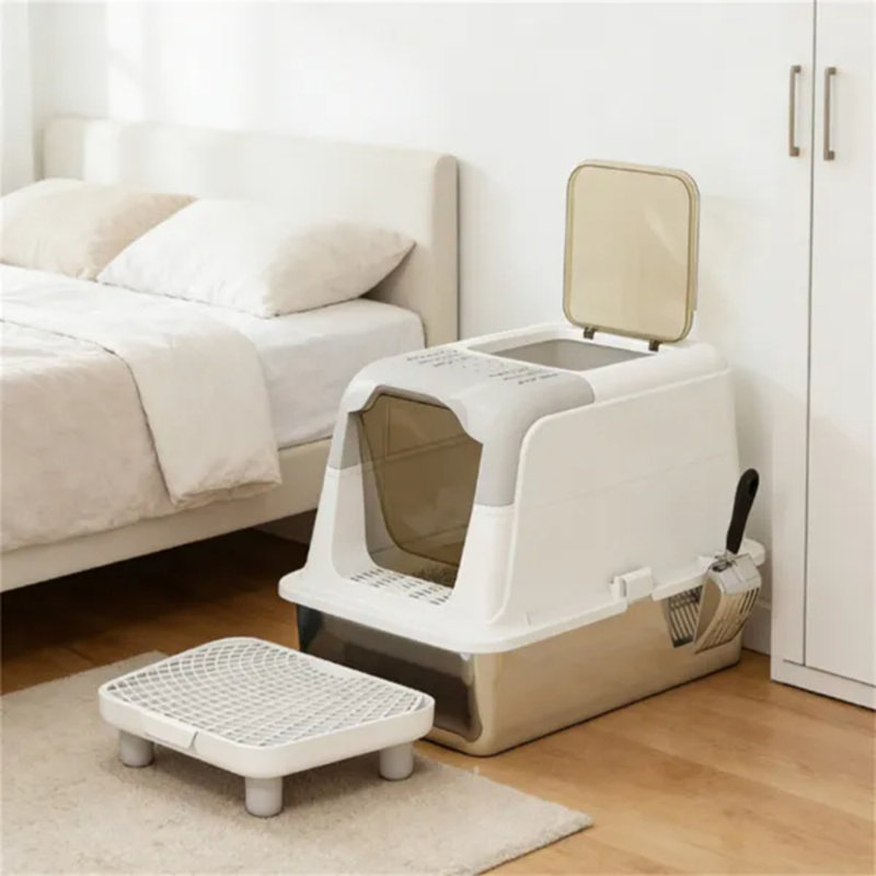 Bac à litière fermé avec plateau en acier inoxydable, toilettes pour chat à entrée frontale et sortie par le haut avec pelle à litière