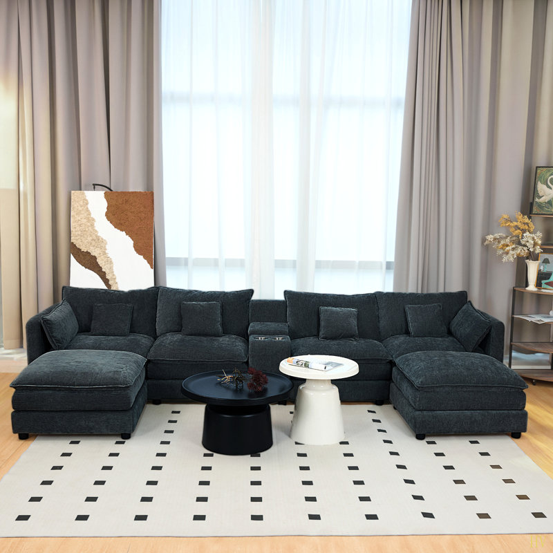 Canapé modulaire en U en forme de U pour le salon, canapé modulaire confortable moelleux de 144 po avec repose-pieds modulaire en chenille de 6 po avec console et porte-gobelets