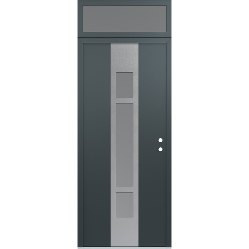 Porte d'entrée pré-suspendue en acier argenté à panneau A9 avec traverse, Gris anthracite, Frosted