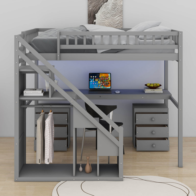 Lit mezzanine simple avec 2 commodes, bande lumineuse et bureau, Gris