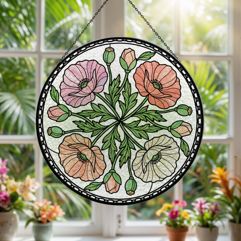 7.8"H Poppy Floral Stained Glass Window Panel, 7.8" H x 7.8" W