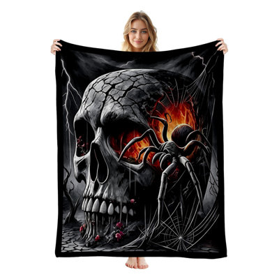 Plaid en flanelle polaire JYK Halloween, léger, respirant, doux et chaud en microfibre pelucheuse, 127 x 152 cm, motif araignée et crâne de feu