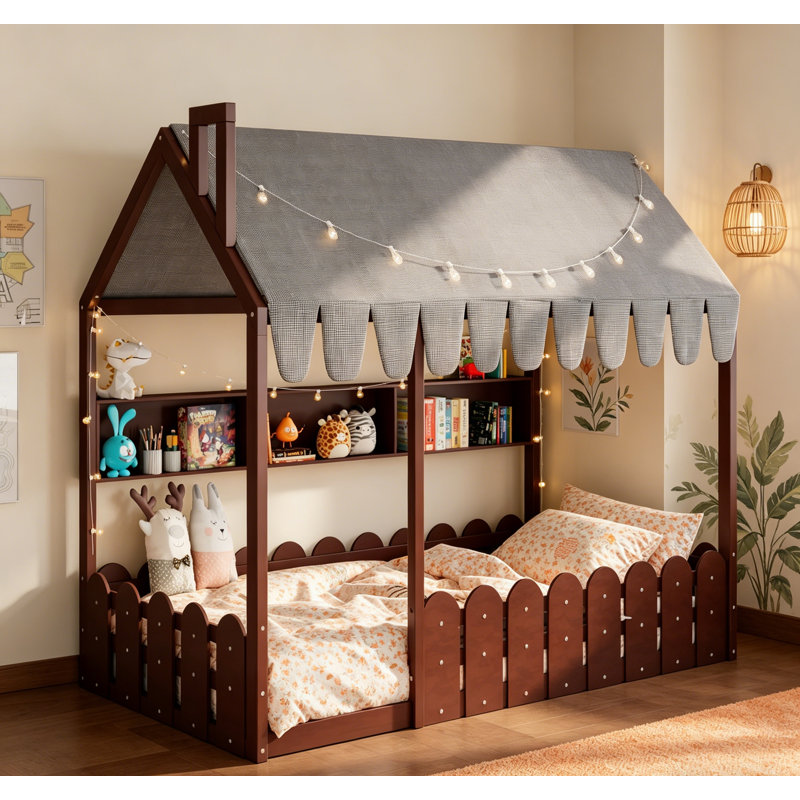 Lit double Montessori pour enfants avec garde-corps, tente, lumières et 3 tablettes de rangement, espresso, Lit double