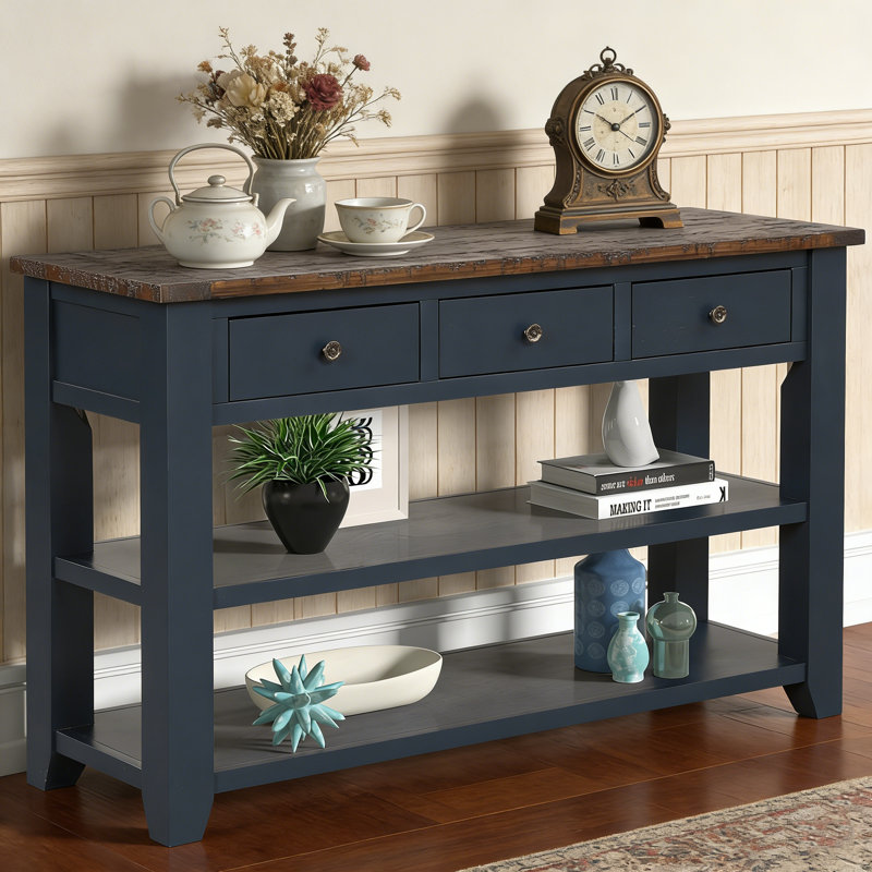Console moderne en bois de pin massif avec 3 tiroirs et 2 tablettes, Brun, Blanc antique