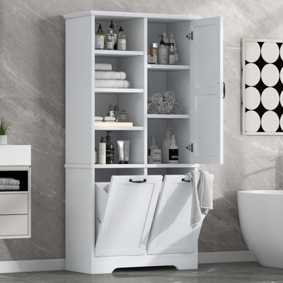 Armoire de rangement autoportante pour salle de bain avec tablettes réglables, tiroirs, panier à linge inclinable et tablettes ouvertes pour l'organisation