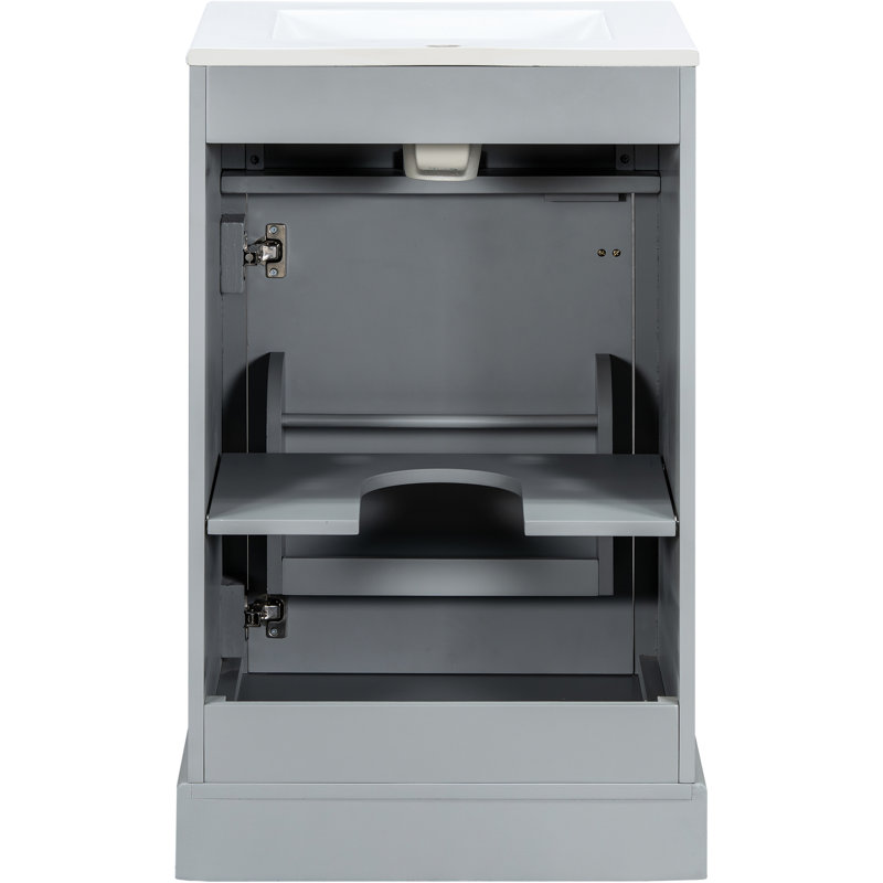 Meuble-lavabo de 20 pouces avec lavabo en céramique, porte à fermeture en douceur et dossier ouvert pour les petits espaces de commodité de conception moderne
