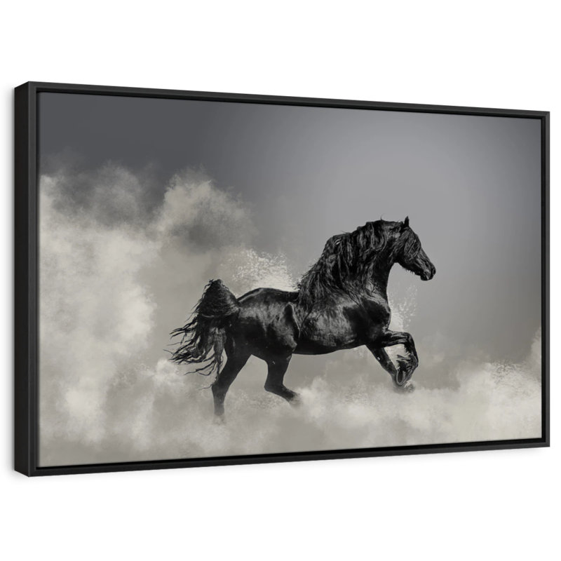 Impression sur toile au galop de cheval frison noir, H 29 po x l 43 po