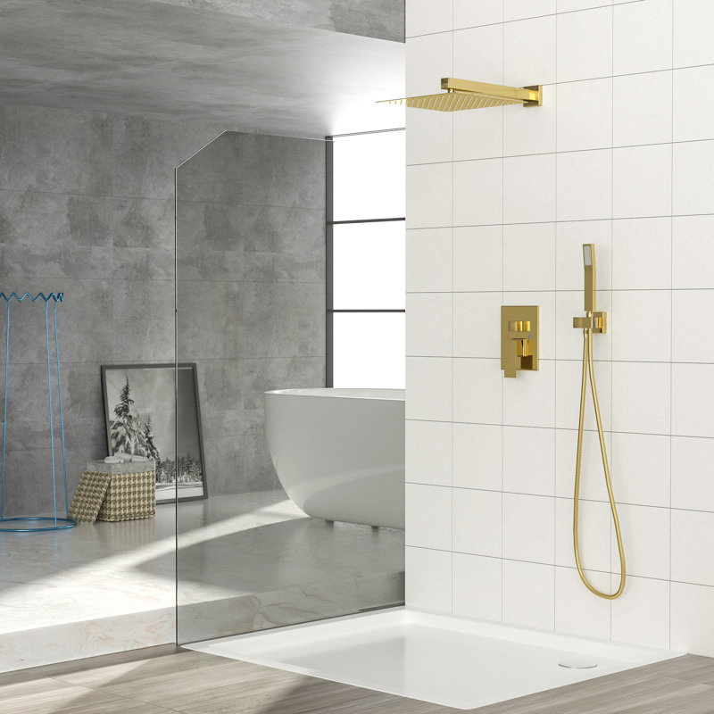Gold Wall Mounted Shower With Dual Heads - 12 Inch Square. Valve For Assurance. Rainfall Head Pampering. Easy Installation And Clean. Includes Arm, Handheld, Hose, Holder, & Instruction Pamphlet In
